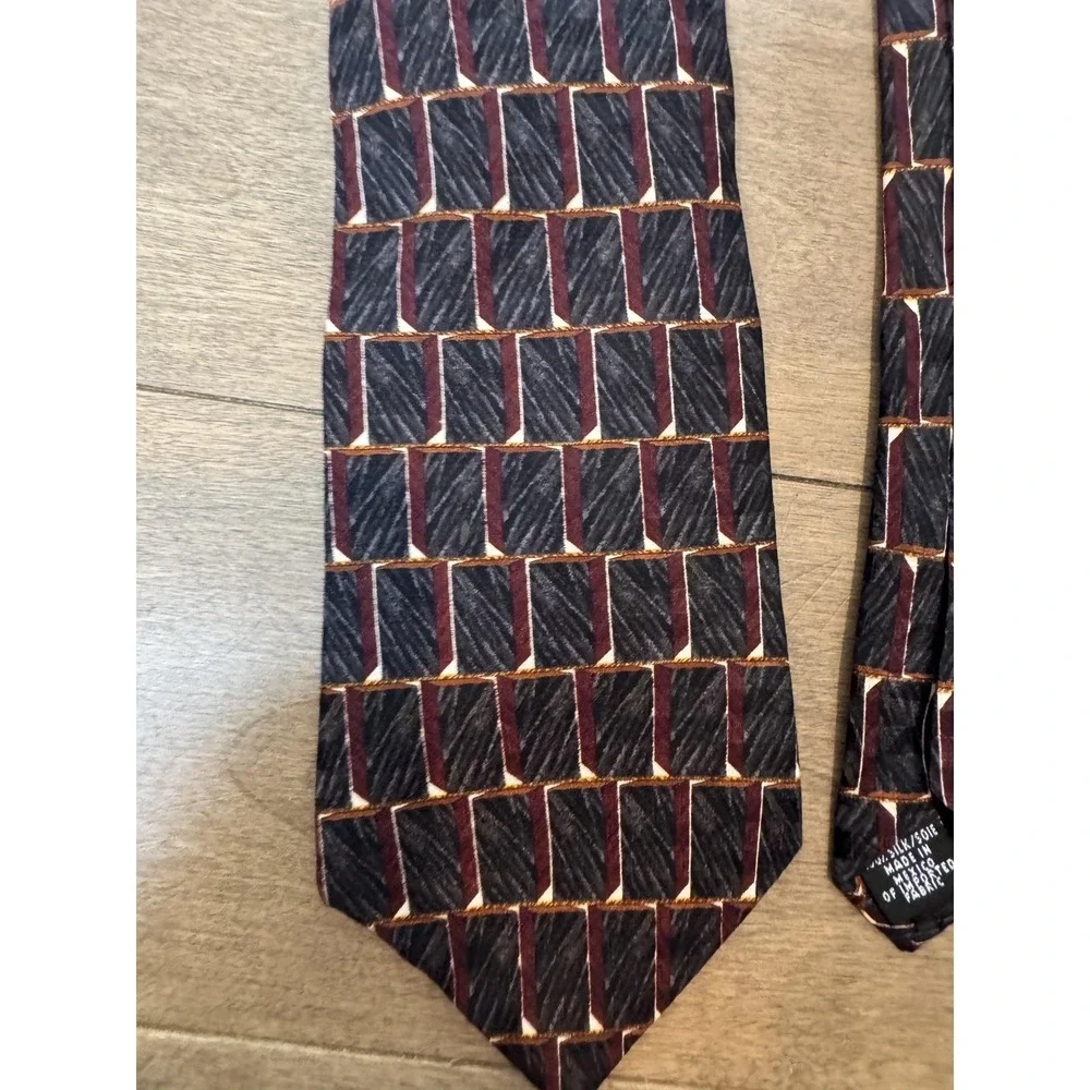 Oscar de la Renta Tie Mens‎ All Silk Geometric Pattern Burgundy Black Abstract